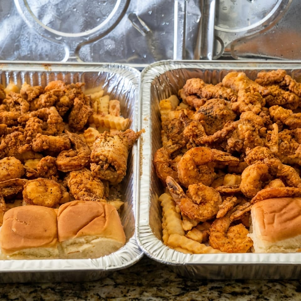 Two aluminum trays filled with golden fried seafood, crinkle-cut fries, and soft bread rolls on a granite countertop.