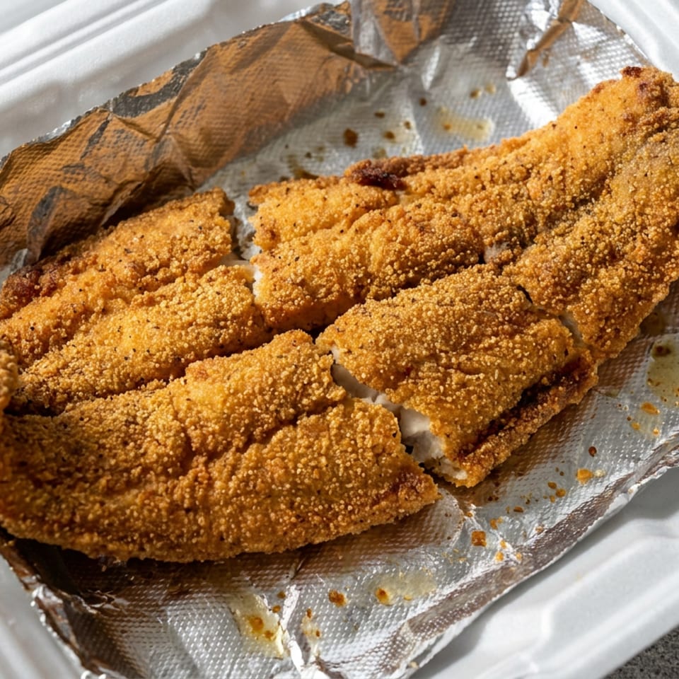 Golden-brown breaded fish fillets arranged in a foil-lined takeout container.