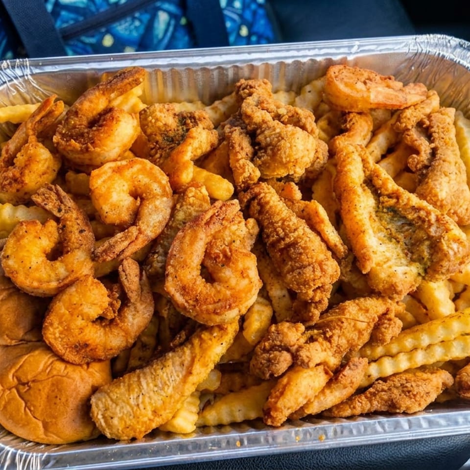 Aluminum tray filled with fried shrimp, fish, chicken, crinkle-cut fries, and a bread roll inside a car.