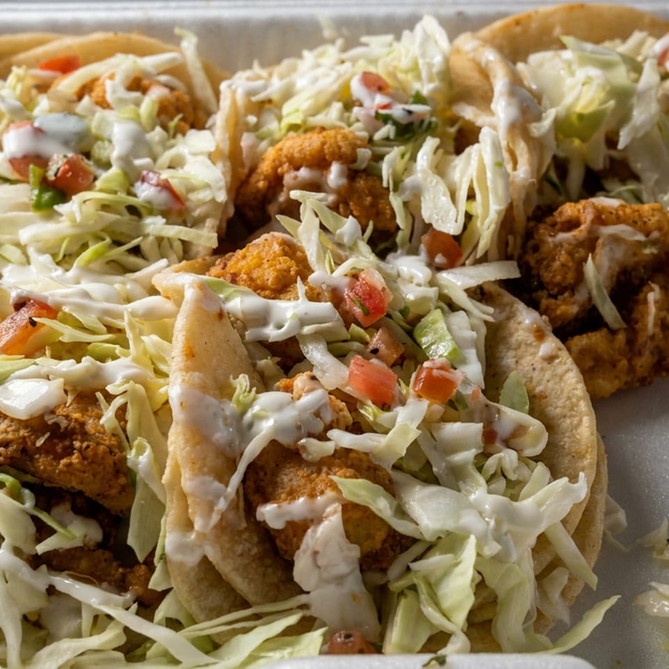 Foam container filled with crispy fried fish tacos topped with shredded lettuce, diced tomatoes, and creamy sauce.