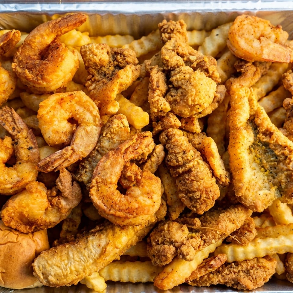 Aluminum tray filled with fried shrimp, fish, chicken, hush puppies, crinkle-cut fries, and a bread roll.