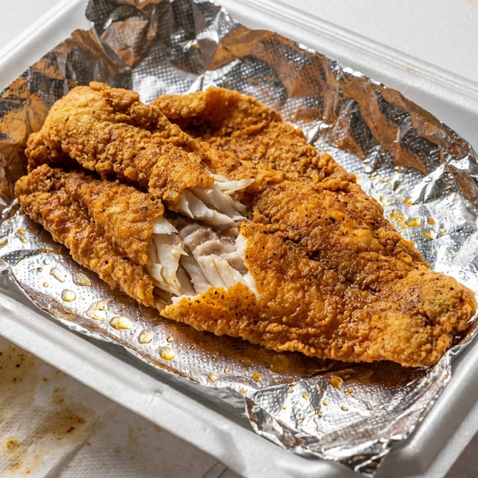 Crispy golden fried fish fillets served in a foil-lined takeout container.