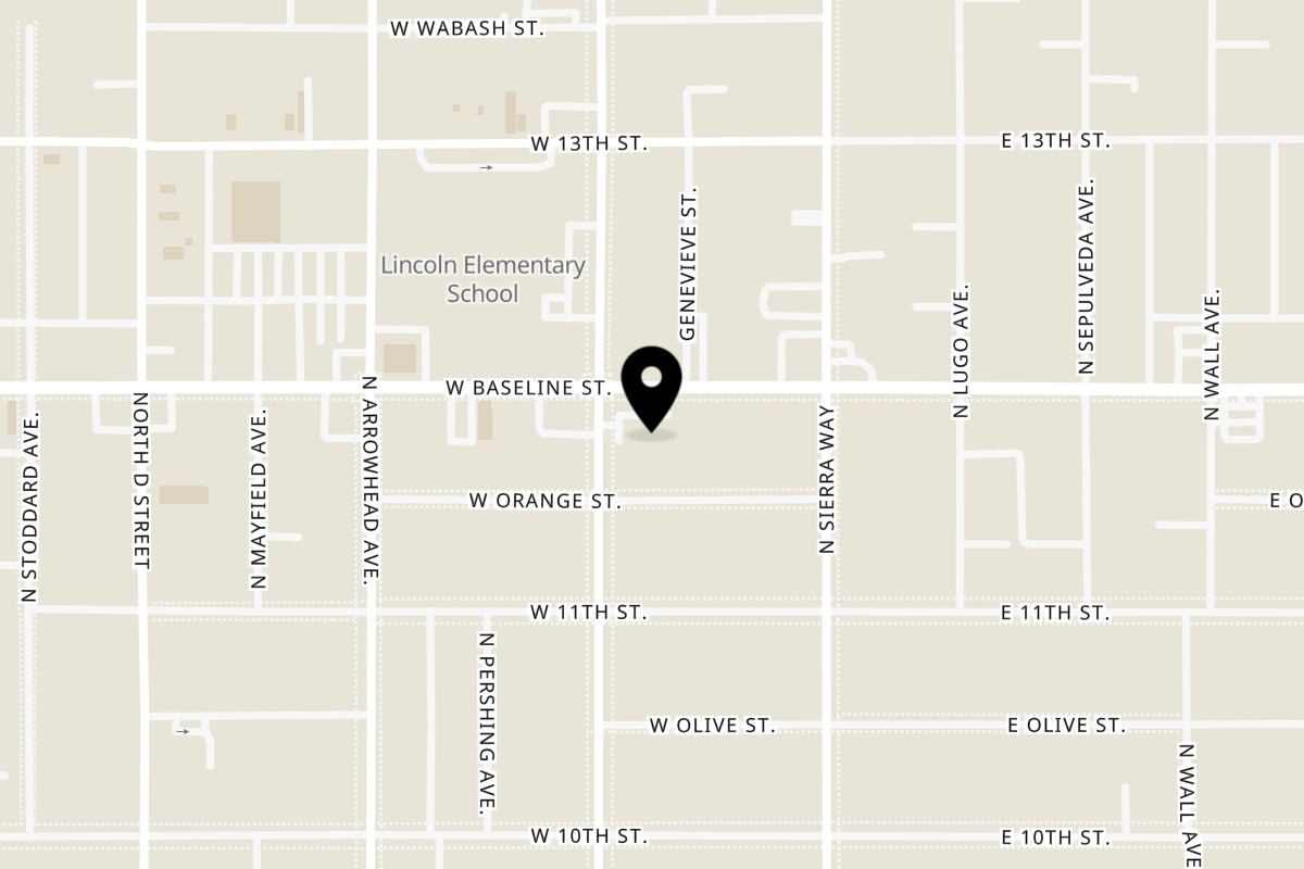 Map showing the location of Captain Moe's Fish Market Base Line St on 199 W Base Line St Ste E in San Bernardino